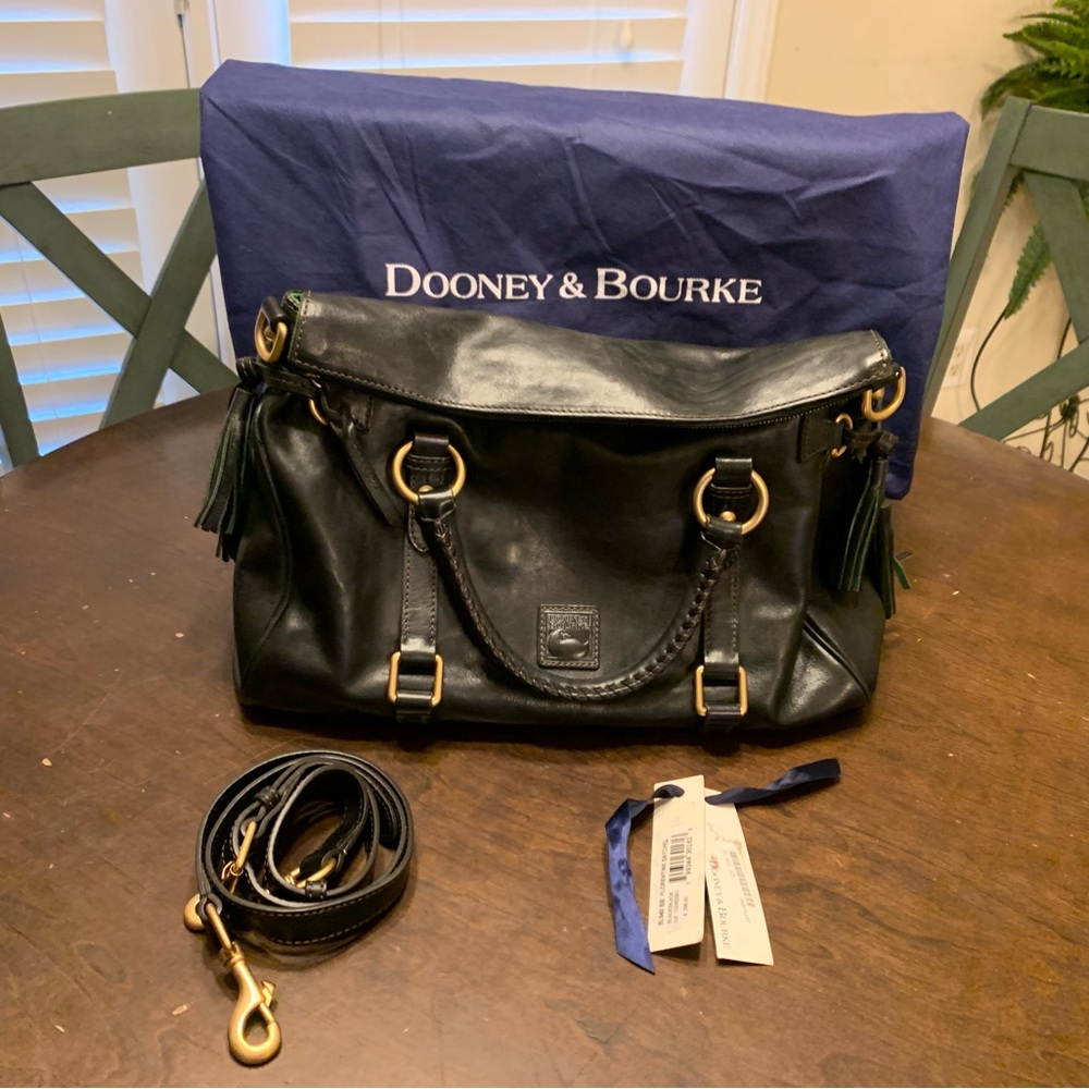 Dooney & Bourke Black Florentine Large Leather Tasseled Satchel Bag